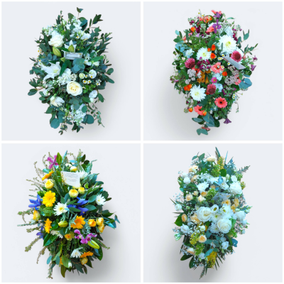 Funeral Sympathy Spray - A double ended spray arranged with a selection of fresh seasonal flowers and foliage. Please indicate if it is in remembrance of a man or woman in the special request box. (Image for illustration – flower & foliage content will change based on seasonal availability)