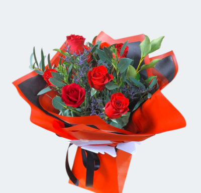 6 Red Rose Bouquet - 6 long stemmed luxury Red Roses designed in a hand-tied bouquet with a mix of fresh seasonal foliages. Aqua-packed in water for extra freshness and presented in a presentation bag or box for delivery.